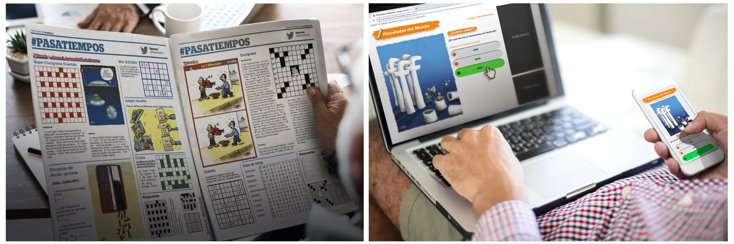 Páginas de pasatiempos impresas y juegos interactivos en una computadora